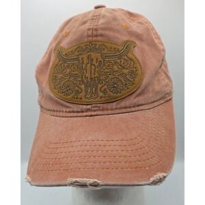 Ladies Fit Strapback Cap Hat Western Leather Steer Skull Patch Distressed Orange